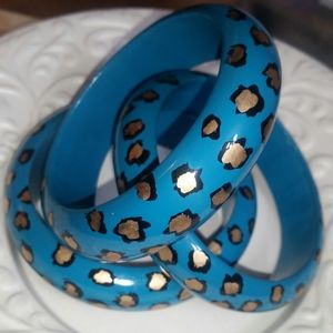 Bangle Bundle Set/3 Blue Leopard Wooden Bangles